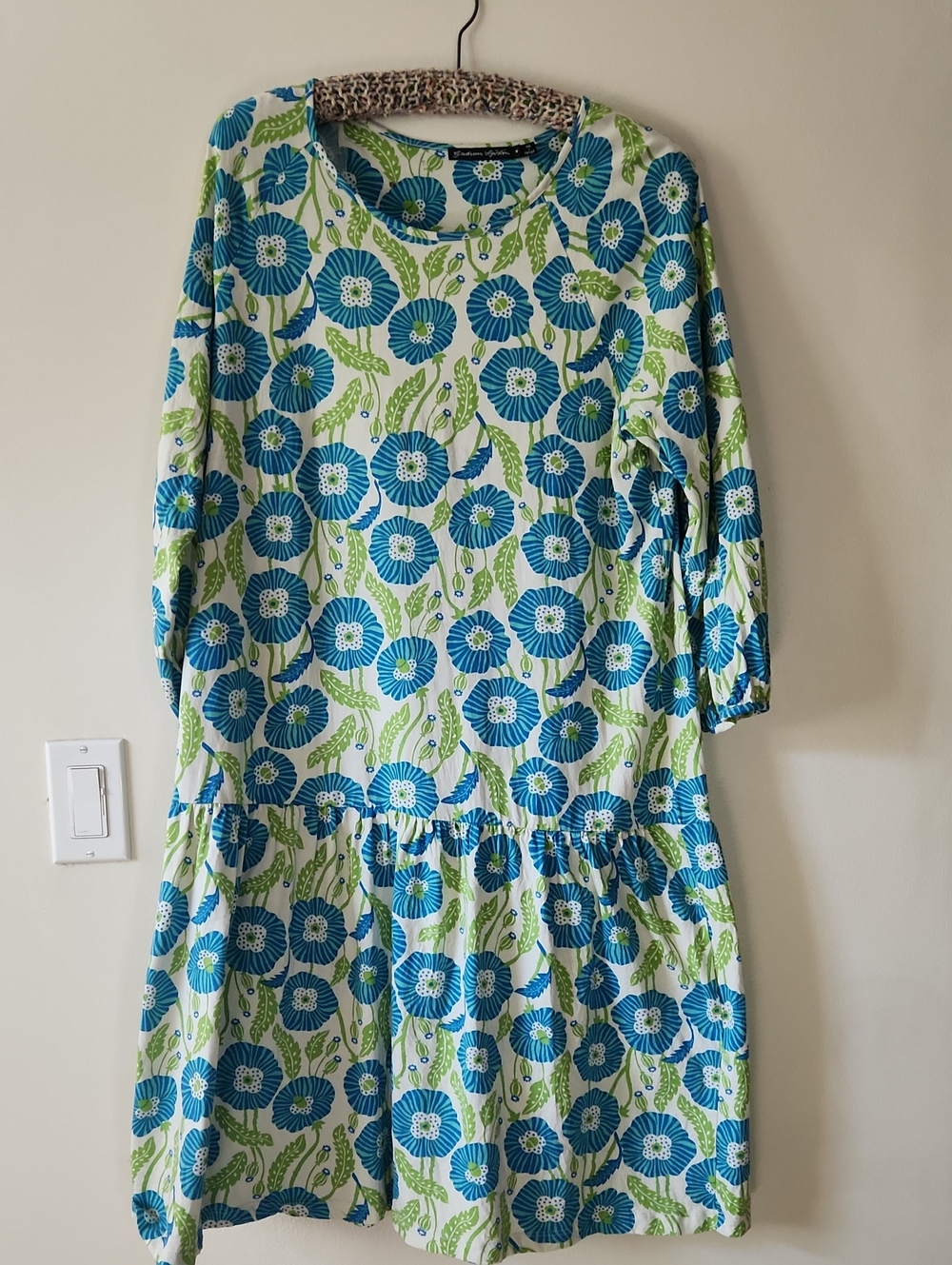 100% Blue and Green Floral Tiered Long Sleeve Dress